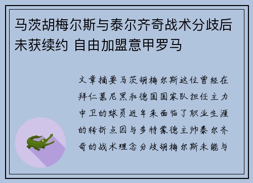 马茨胡梅尔斯与泰尔齐奇战术分歧后未获续约 自由加盟意甲罗马 马茨胡梅尔斯与泰尔齐奇战术分歧后未获续约 自由加盟意甲罗马